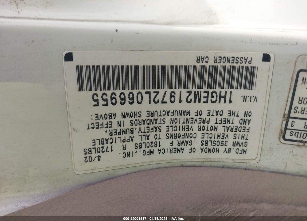 2002 HONDA CIVIC EX VIN: 1HGEM21972L066955
