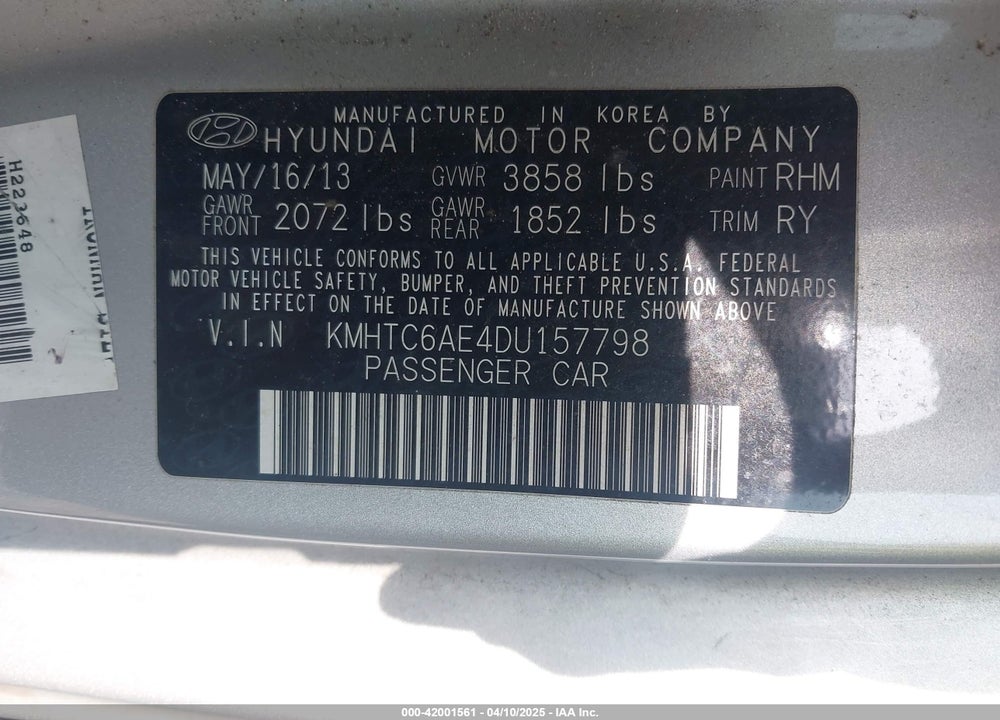 2013 HYUNDAI VELOSTER VIN: KMHTC6AE4DU157798