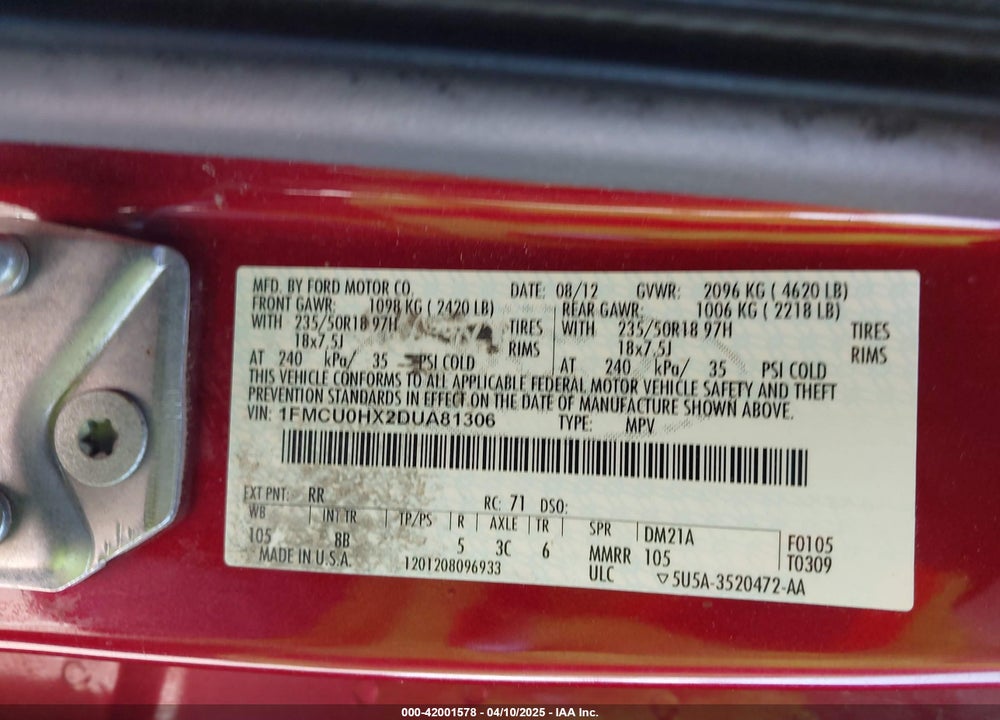 2013 FORD ESCAPE SEL VIN: 1FMCU0HX2DUA81306