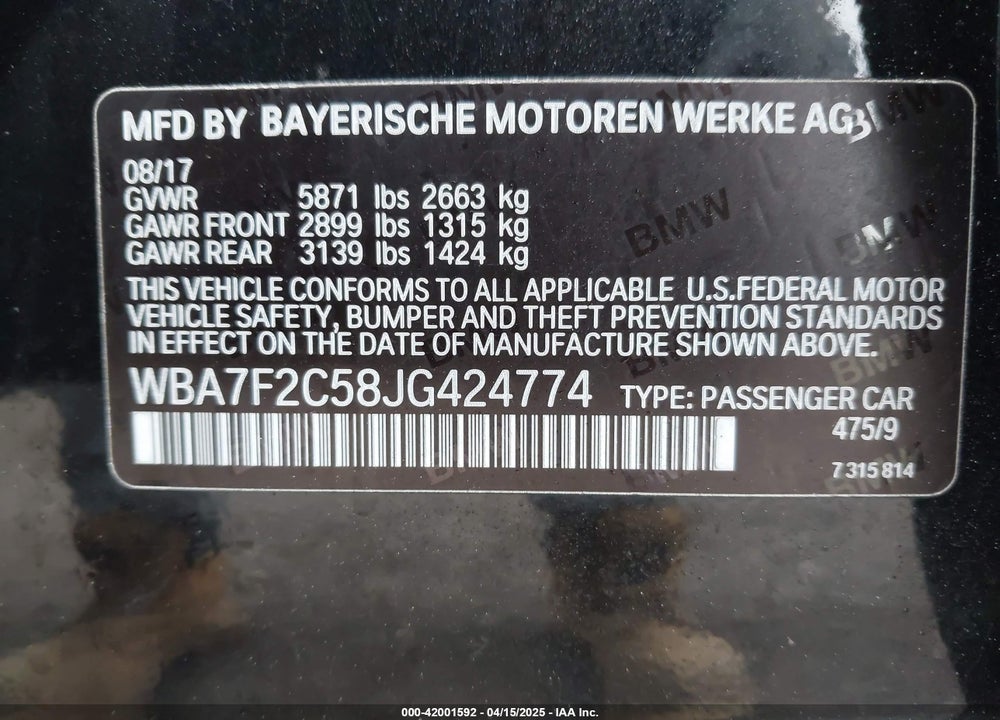 2018 BMW 750 VIN: WBA7F2C58JG424774