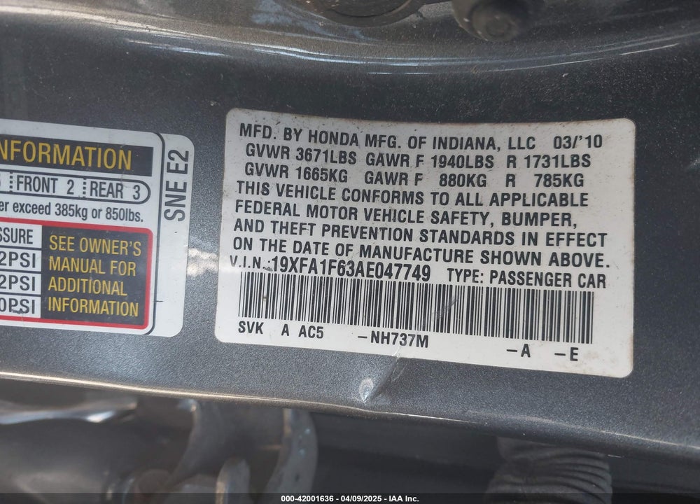 2010 HONDA CIVIC VIN: 19XFA1F63AE047749
