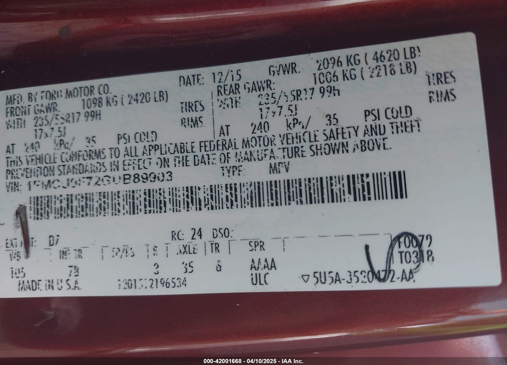 2016 FORD ESCAPE VIN: 1FMCU0F72GUB89903
