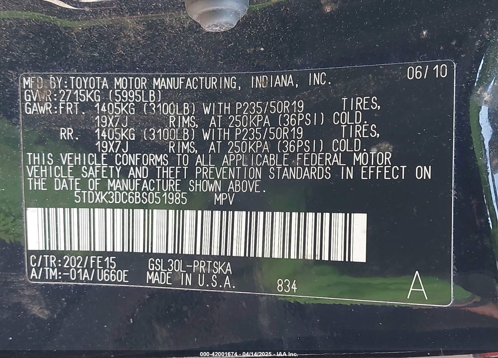 2011 TOYOTA SIENNA SE VIN: 5TDXK3DC6BS051985