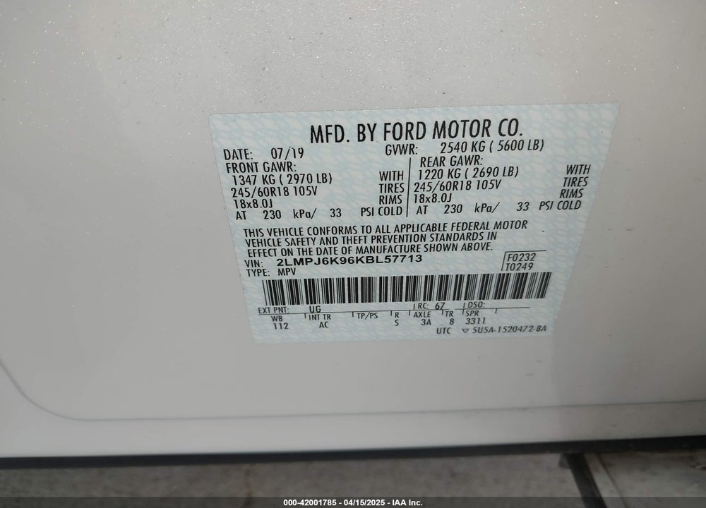 2019 LINCOLN NAUTILUS SELECT VIN: 2LMPJ6K96KBL57713