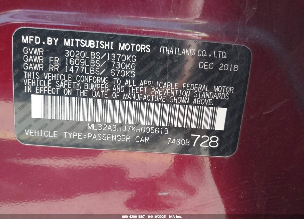2019 MITSUBISHI MIRAGE ES VIN: ML32A3HJ7KH005613
