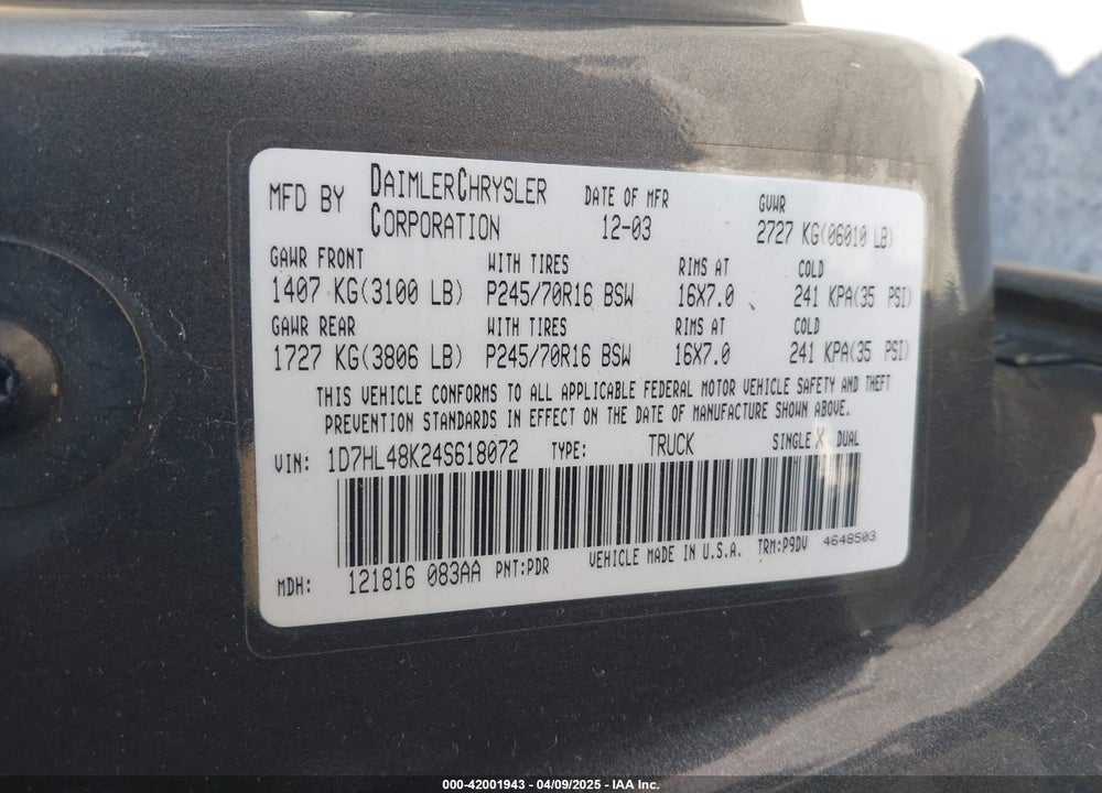 2004 DODGE DAKOTA SLT VIN: 1D7HL48K24S618072