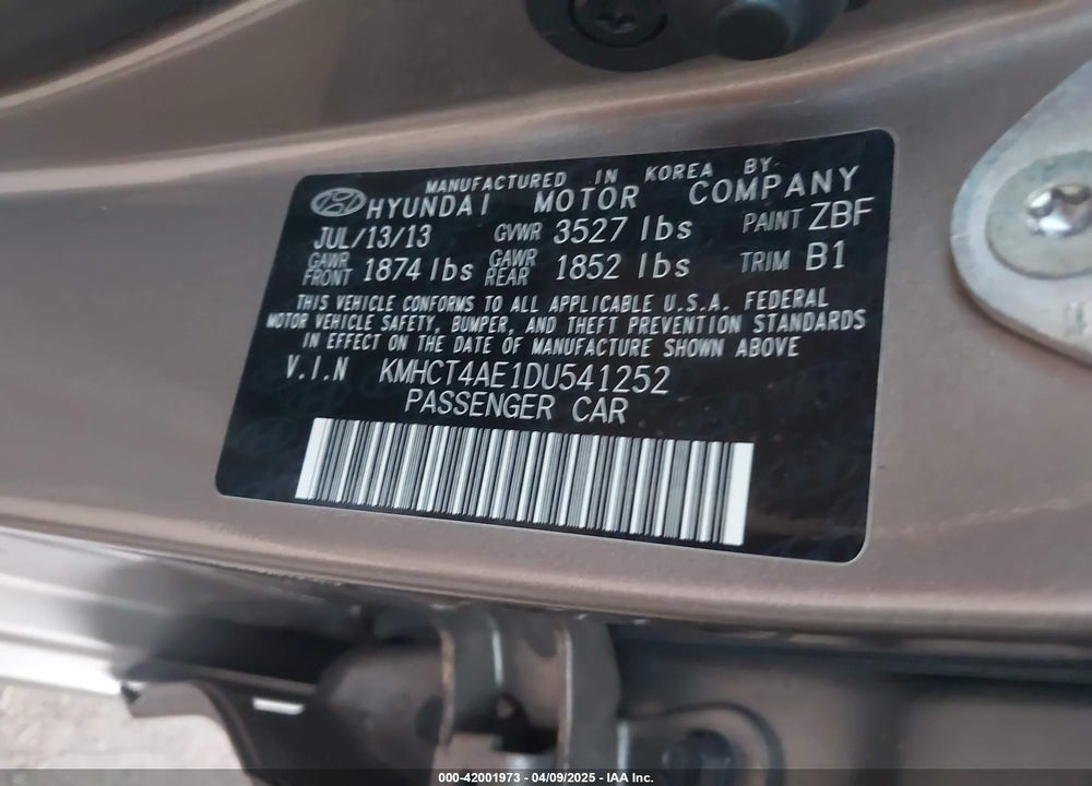 2013 HYUNDAI ACCENT VIN: KMHCT4AE1DU541252