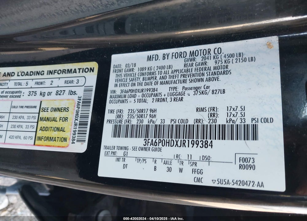 2018 FORD FUSION SE VIN: 3FA6P0HDXJR199384