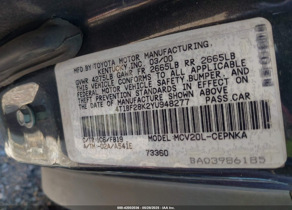 2000 TOYOTA CAMRY LE V6 VIN: 4T1BF28K2YU948277