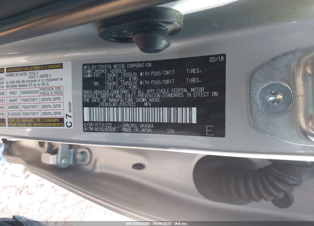 2018 TOYOTA 4RUNNER VIN: JTEBU5JR1J5557832