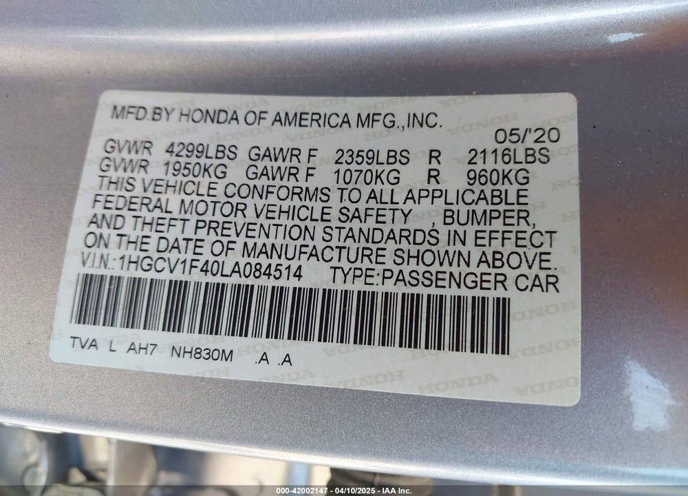 2020 HONDA ACCORD VIN: 1HGCV1F40LA084514