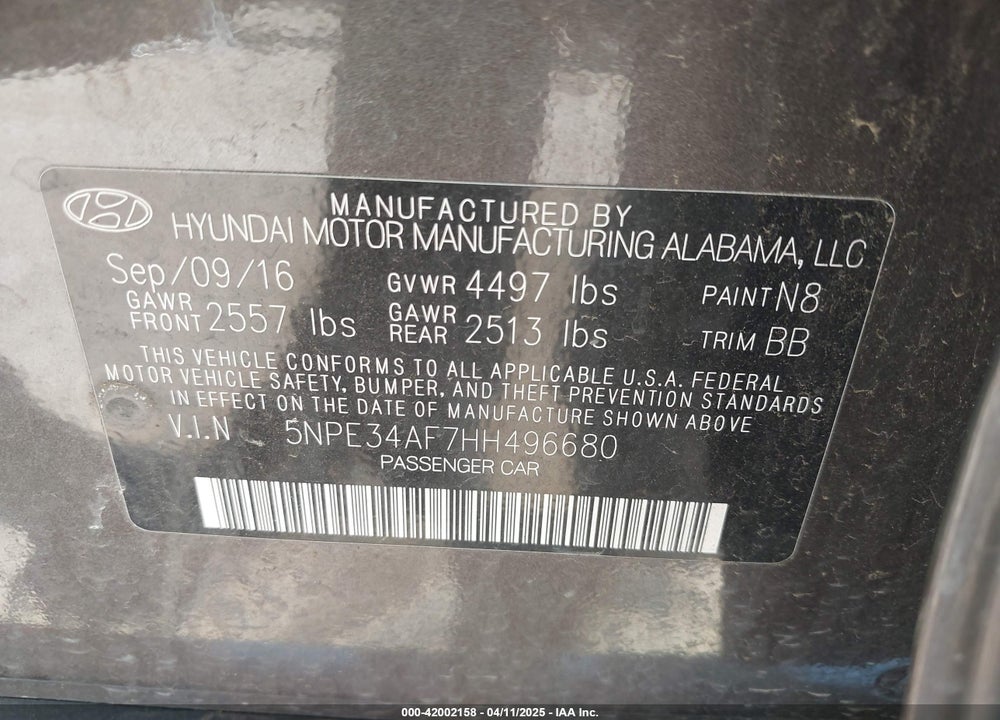 2017 HYUNDAI SONATA SPORT VIN: 5NPE34AF7HH496680