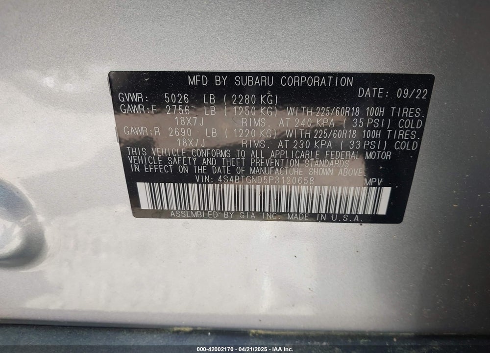 2023 SUBARU OUTBACK VIN: 4S4BTGND5P3120658