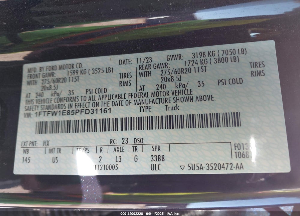 2023 FORD F150 VIN: 1FTFW1E85PFD31161