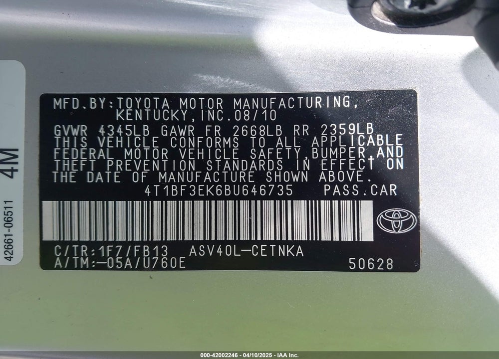 2011 TOYOTA CAMRY VIN: 4T1BF3EK6BU646735