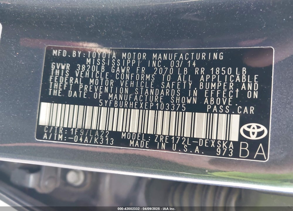 2014 TOYOTA COROLLA S PREMIUM VIN: 5YFBURHEXEP103375