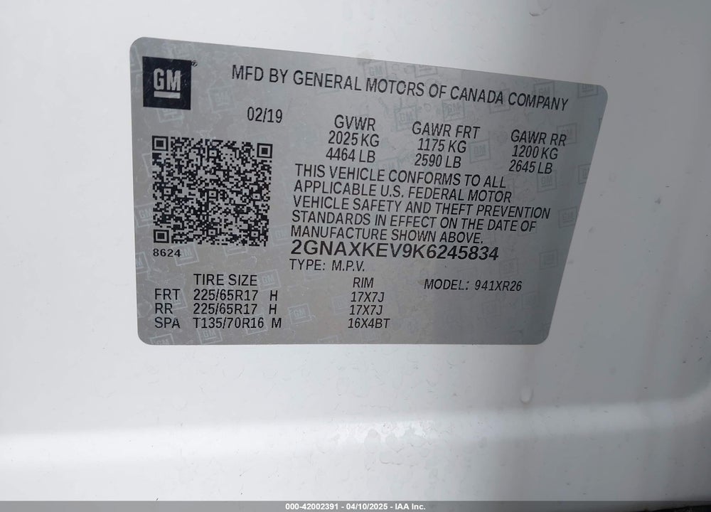 2019 CHEVROLET EQUINOX LT VIN: 2GNAXKEV9K6245834