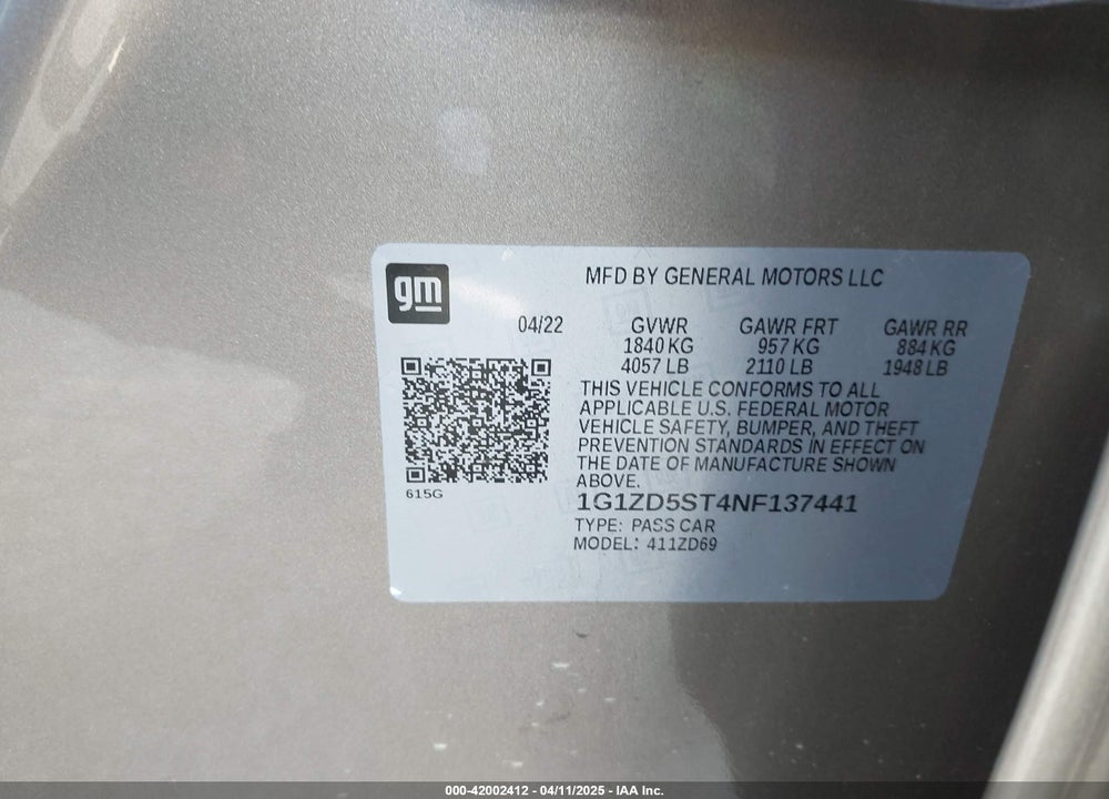 2022 CHEVROLET MALIBU FWD LT VIN: 1G1ZD5ST4NF137441