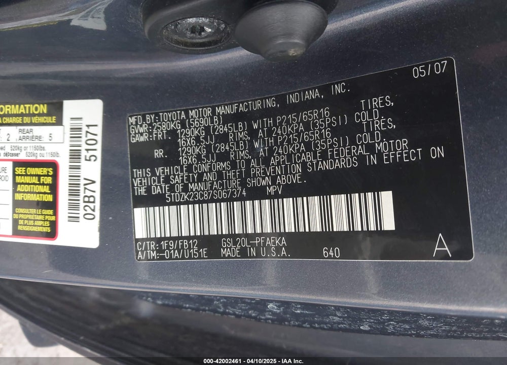 2007 TOYOTA SIENNA VIN: 5TDZK23C87S067374