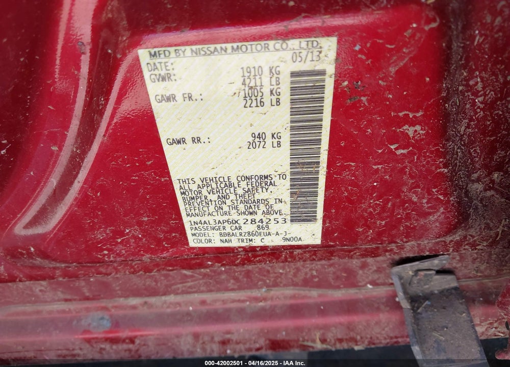 2013 NISSAN ALTIMA 2.5 S VIN: 1N4AL3AP6DC284253