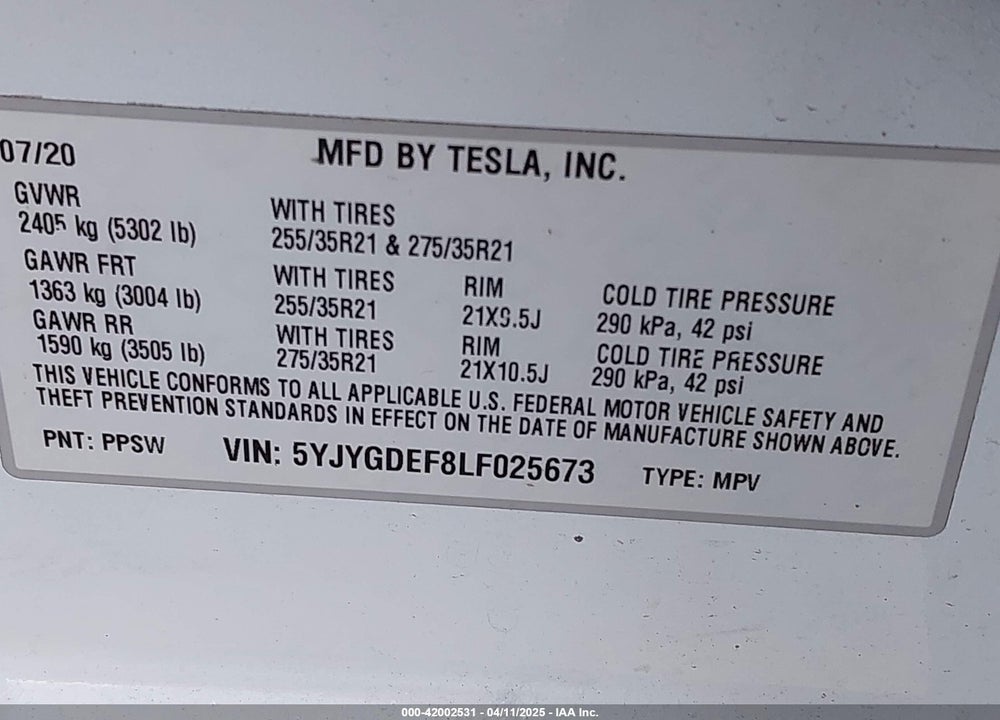 2020 TESLA MODEL Y VIN: 5YJYGDEF8LF025673