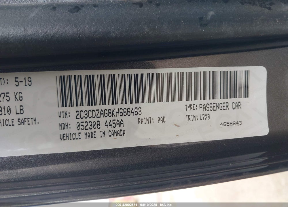 2019 DODGE CHALLENGER VIN: 2C3CDZAG8KH666463