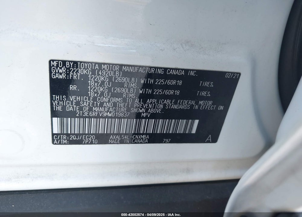 2021 TOYOTA RAV4 HYBRID VIN: 2T3E6RFV9MW019837
