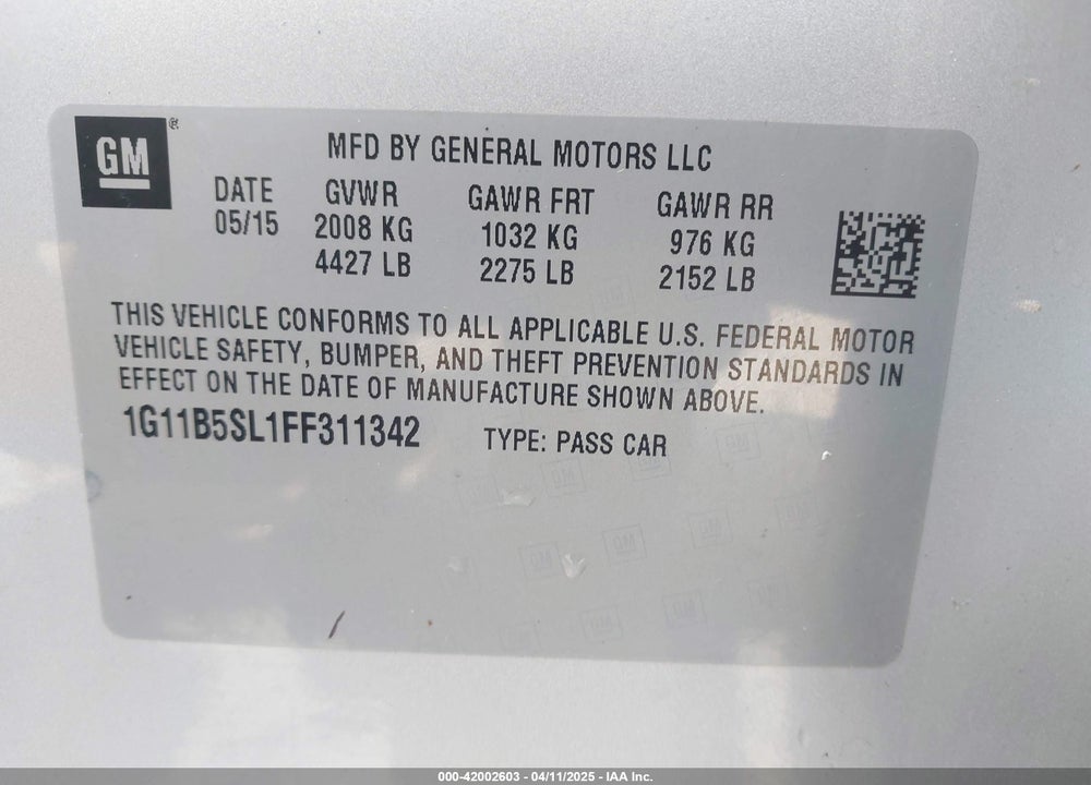 2015 CHEVROLET MALIBU LS VIN: 1G11B5SL1FF311342