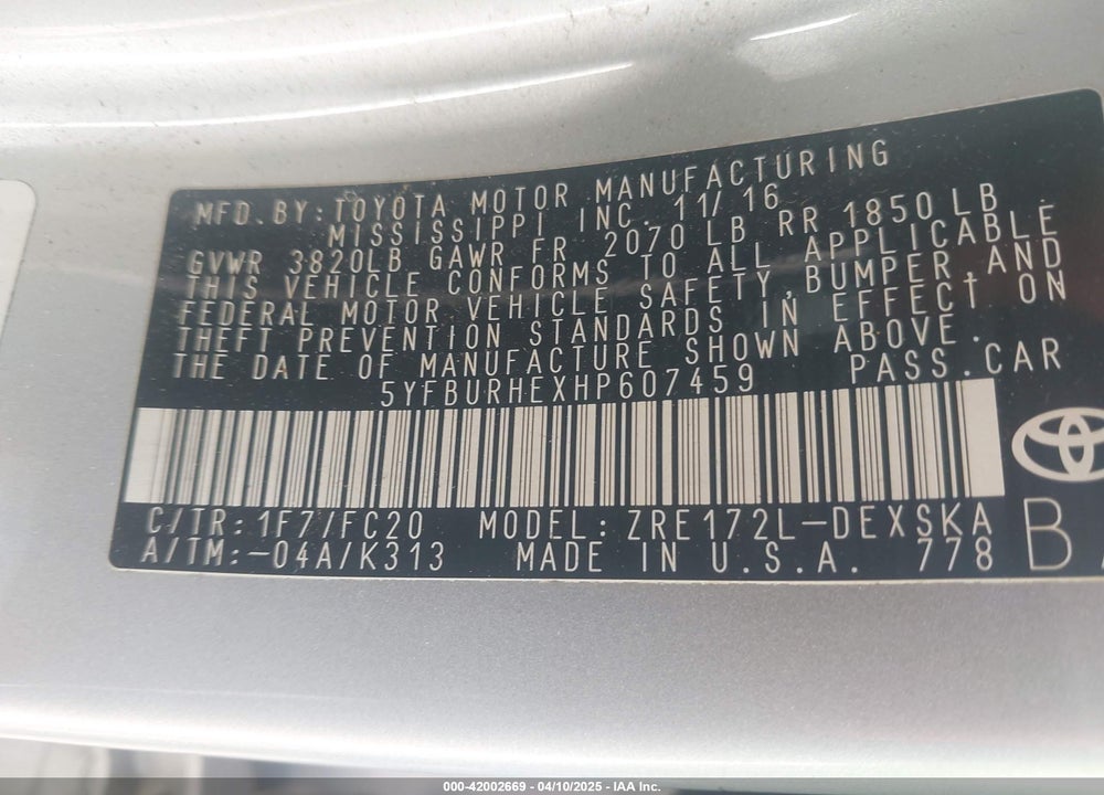 2017 TOYOTA COROLLA SE VIN: 5YFBURHEXHP607459