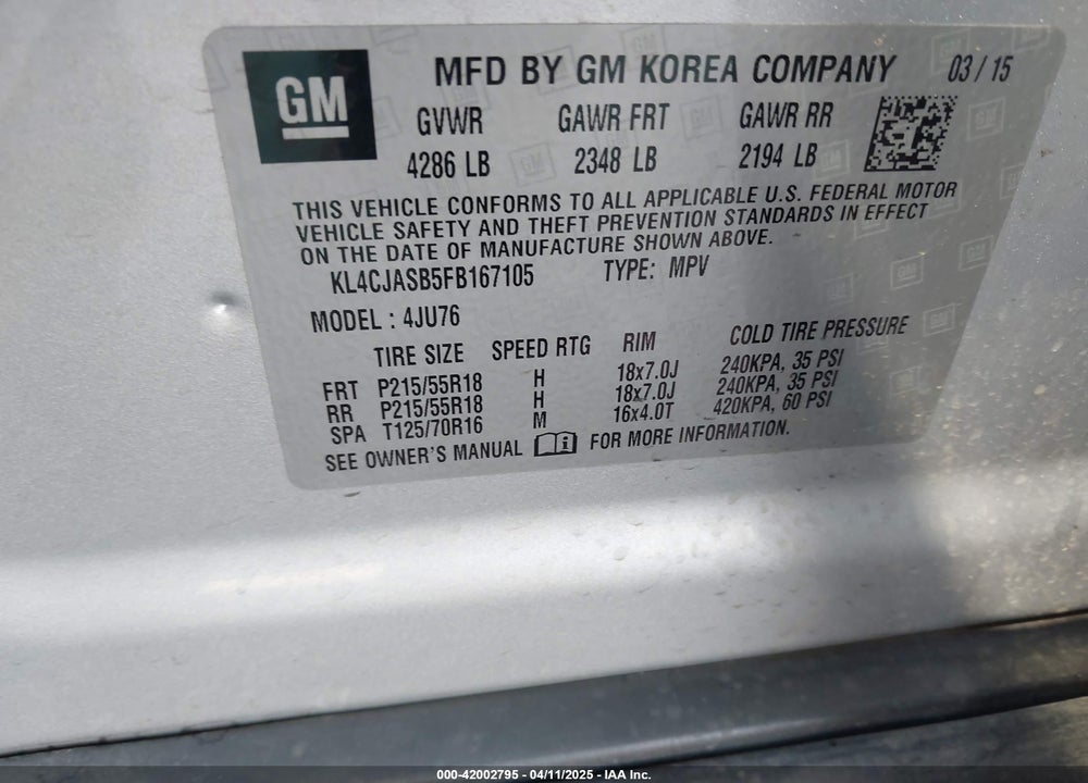 2015 BUICK ENCORE VIN: KL4CJASB5FB167105