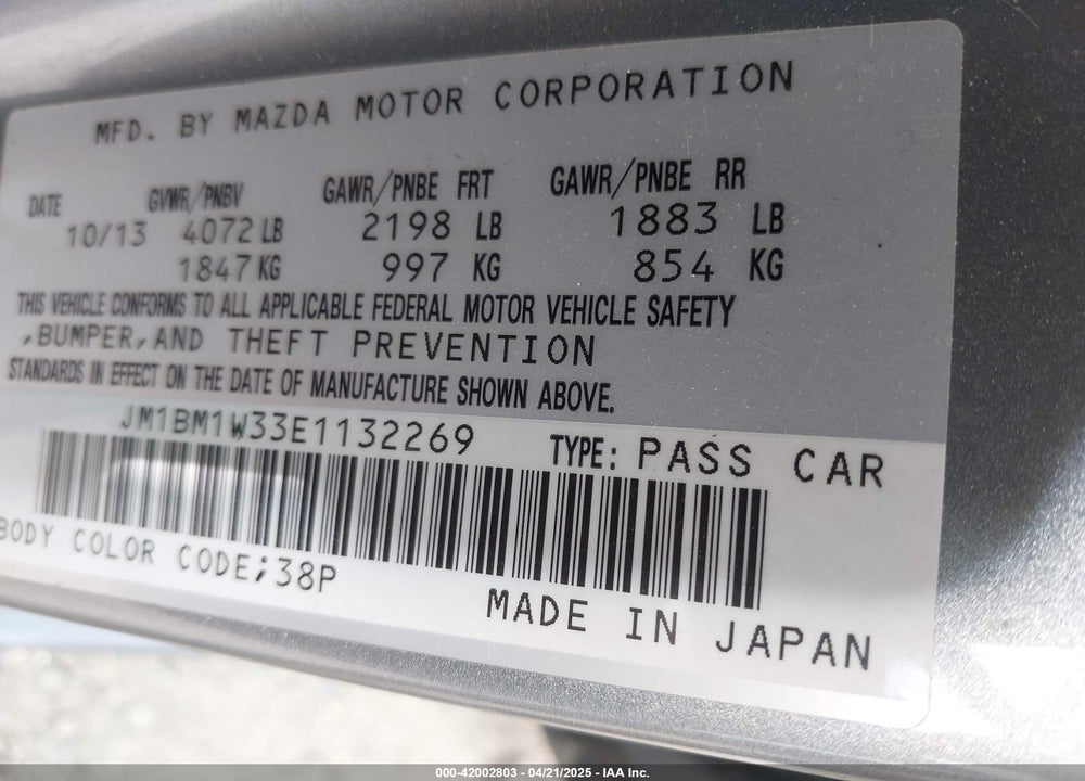 2014 MAZDA MAZDA3 VIN: JM1BM1W33E1132269