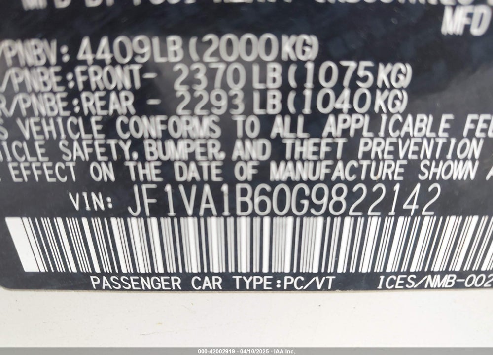 2016 SUBARU WRX VIN: JF1VA1B60G9822142