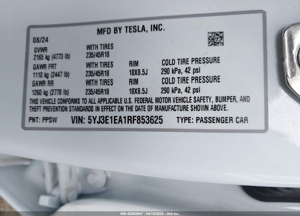 2024 TESLA MODEL 3 VIN: 5YJ3E1EA1RF853625