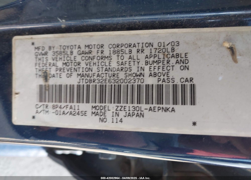 2003 TOYOTA COROLLA LE VIN: JTDBR32E632002370