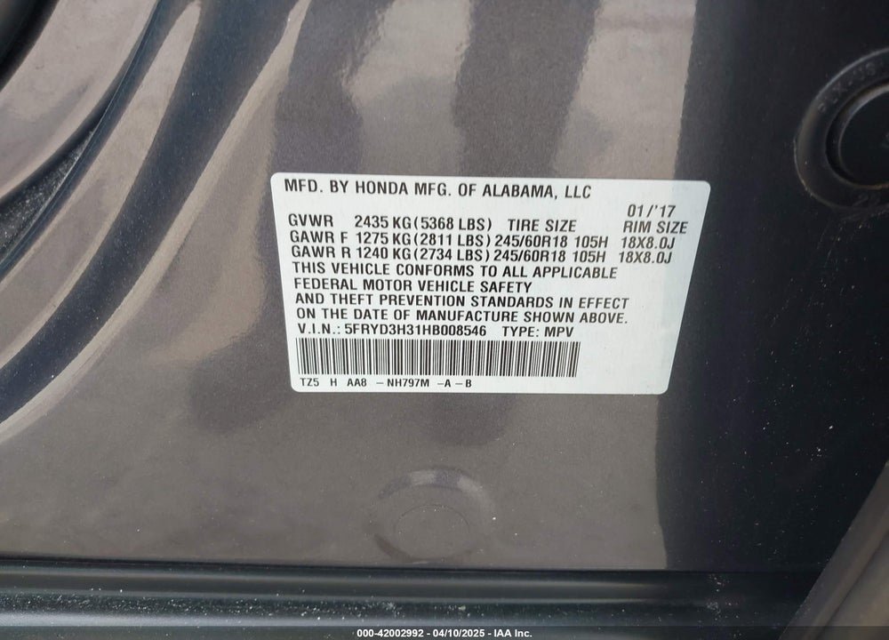2017 ACURA MDX VIN: 5FRYD3H31HB008546