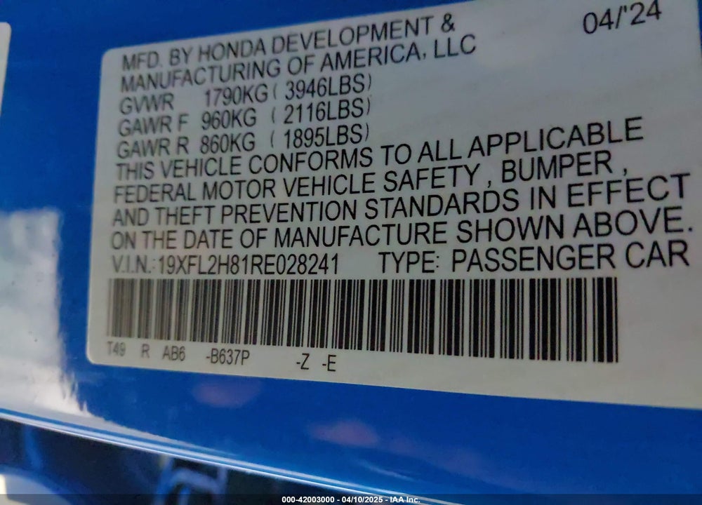 2024 HONDA CIVIC VIN: 19XFL2H81RE028241