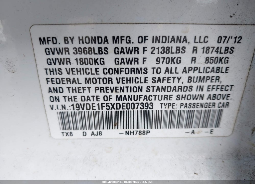 2013 ACURA ILX VIN: 19VDE1F5XDE007393