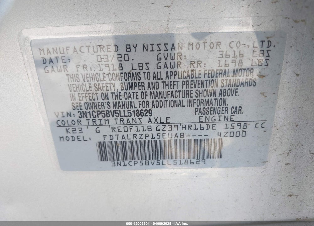2020 NISSAN KICKS S XTRONIC CVT VIN: 3N1CP5BV5LL518629