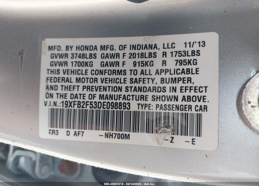 2013 HONDA CIVIC VIN: 19XFB2F53DE098893