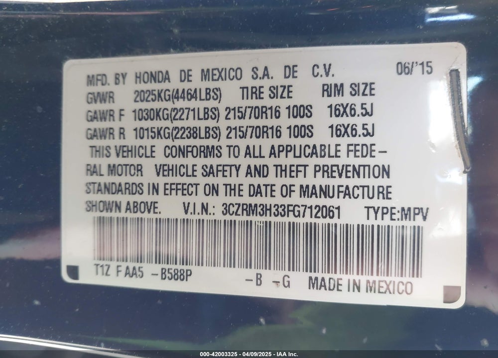 2015 HONDA CR-V VIN: 3CZRM3H33FG712061
