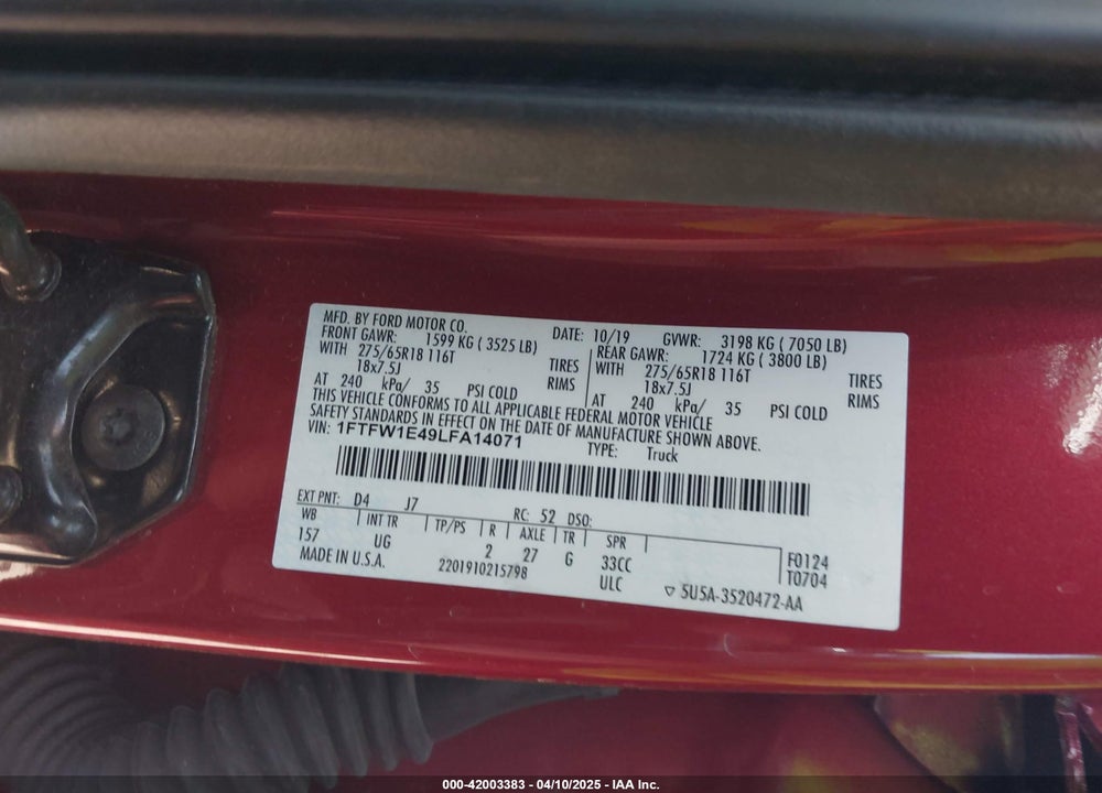 2020 FORD F-150 XLT VIN: 1FTFW1E49LFA14071