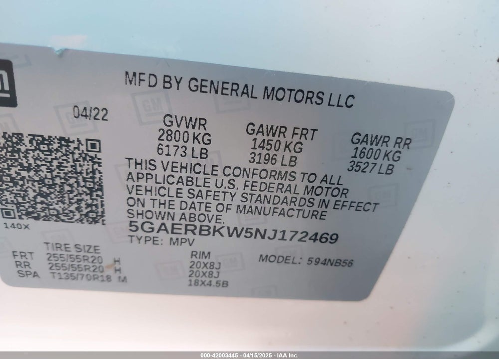 2022 BUICK ENCLAVE FWD ESSENCE VIN: 5GAERBKW5NJ172469