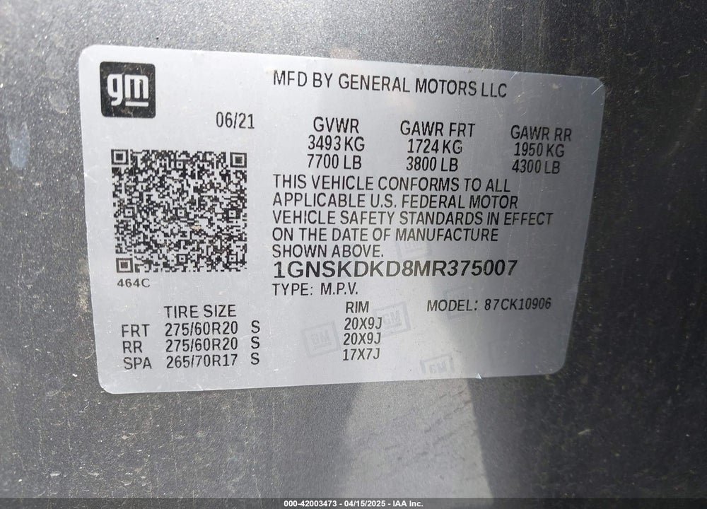 2021 CHEVROLET SUBURBAN 4WD Z71 VIN: 1GNSKDKD8MR375007