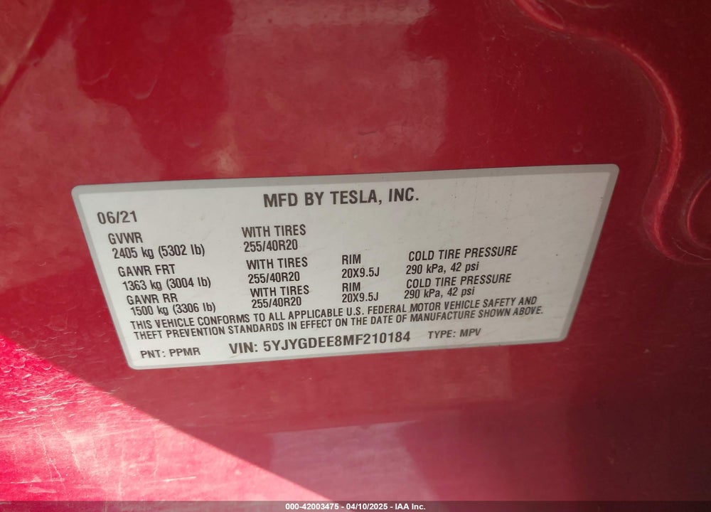2021 TESLA MODEL Y VIN: 5YJYGDEE8MF210184