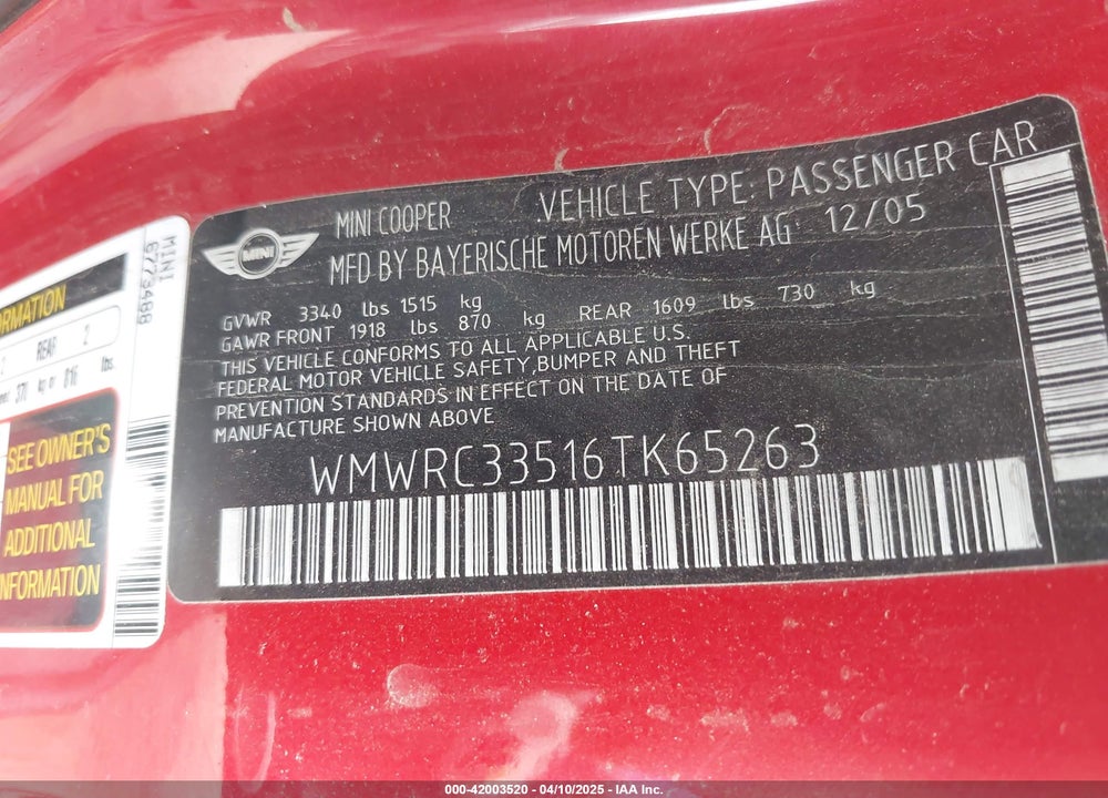 2006 MINI COOPER VIN: WMWRC33516TK65263