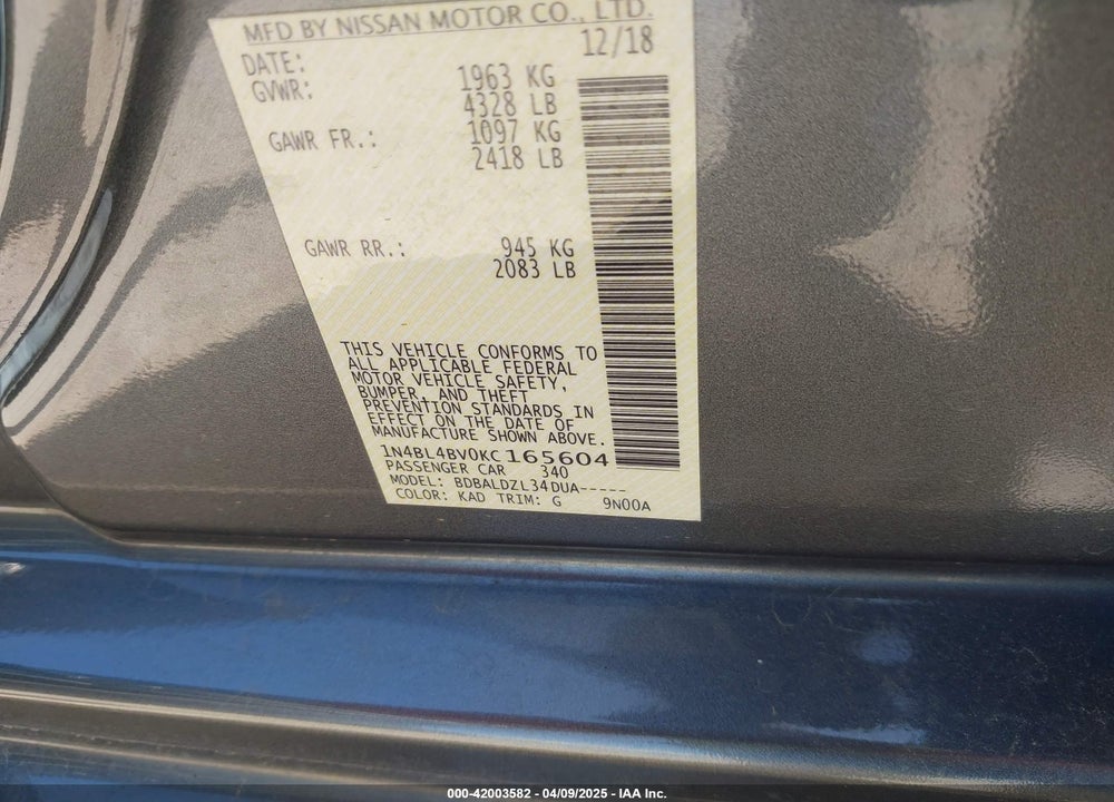 2019 NISSAN ALTIMA VIN: 1N4BL4BV0KC165604