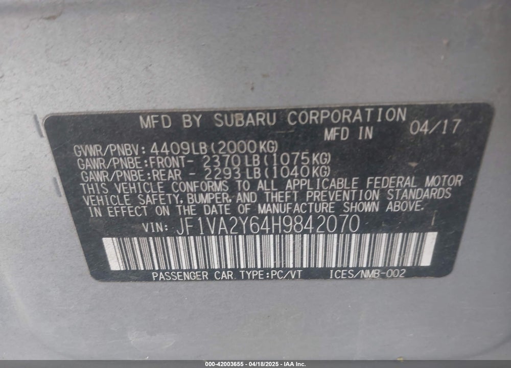2017 SUBARU WRX STI LIMITED VIN: JF1VA2Y64H9842070