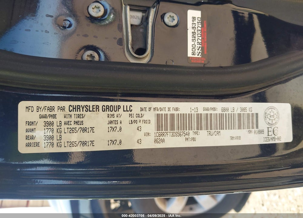 2013 RAM 1500 ST VIN: 1C6RR7FT3DS567540