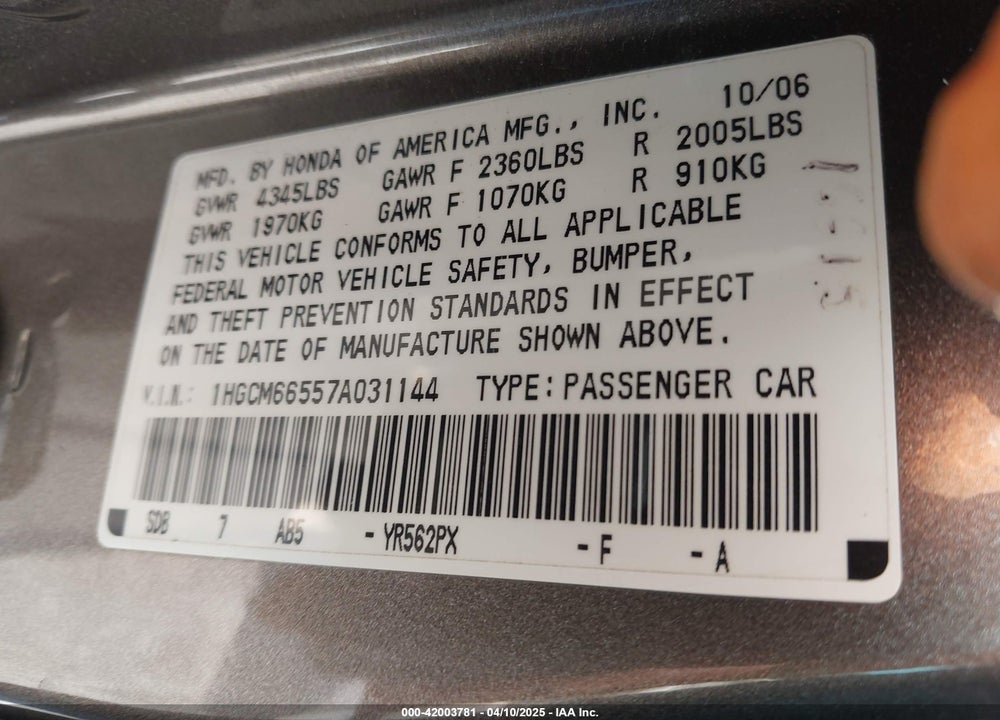 2007 HONDA ACCORD 3.0 EX VIN: 1HGCM66557A031144