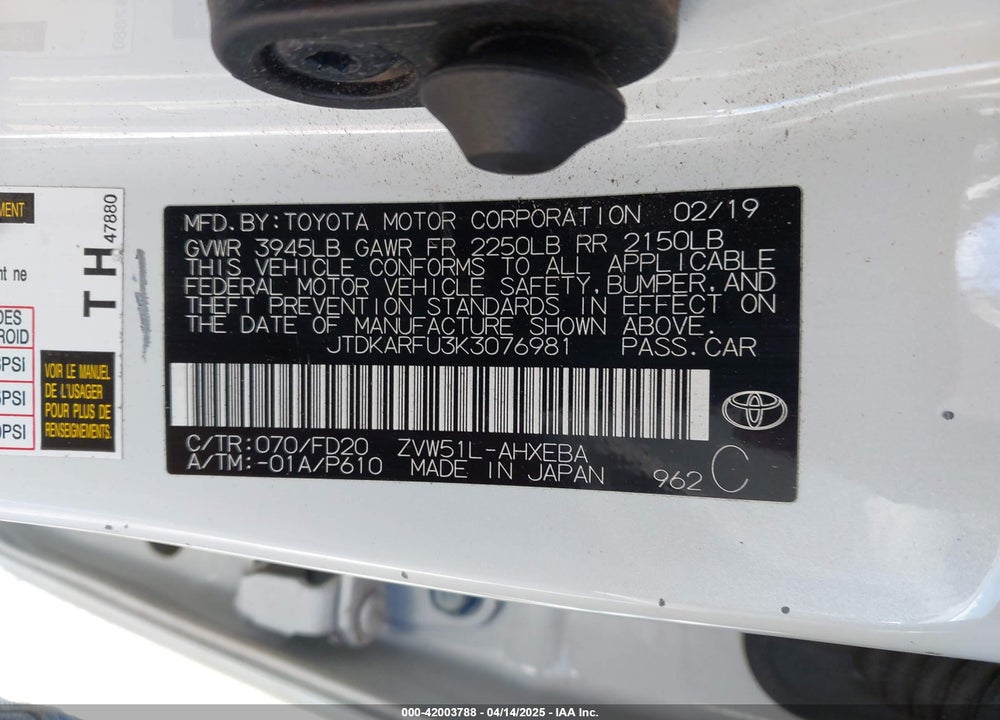 2019 TOYOTA PRIUS LE VIN: JTDKARFU3K3076981